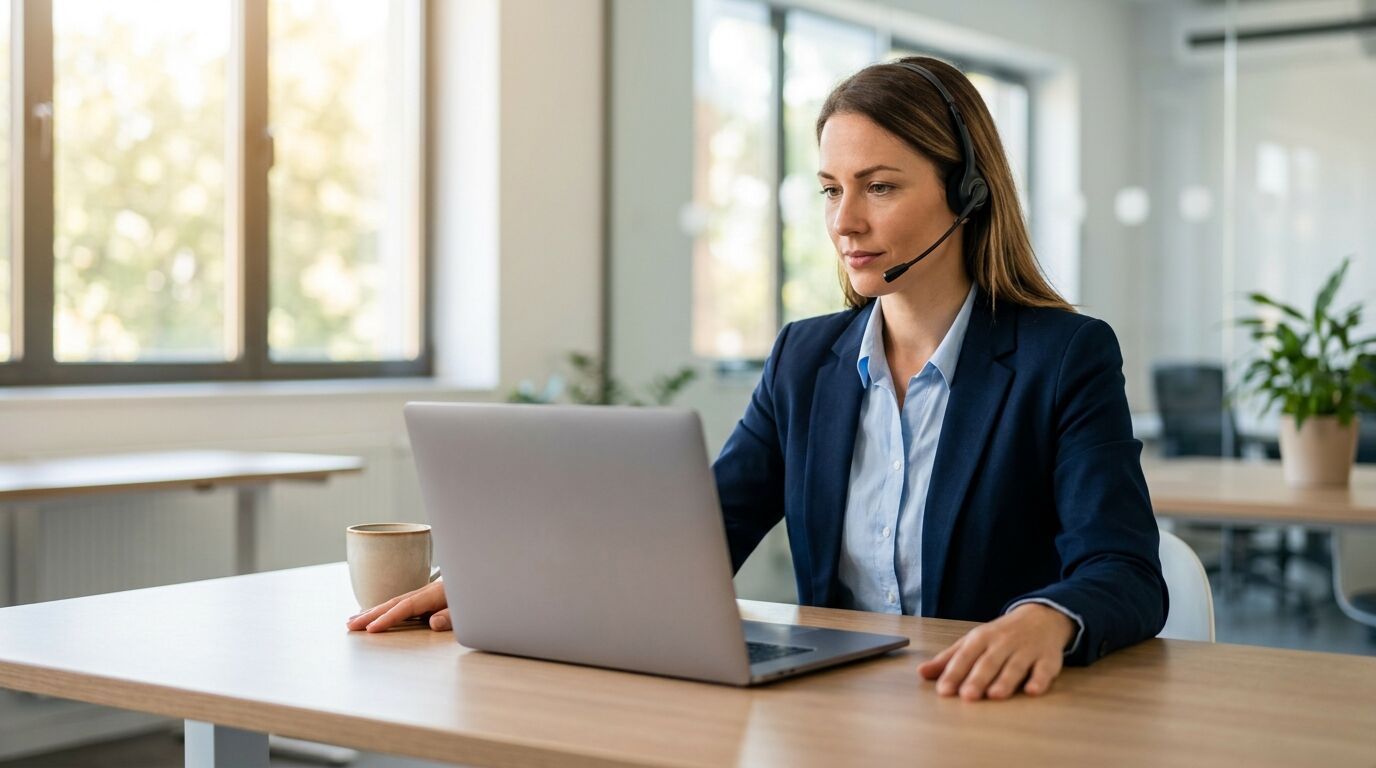 A sales rep wearing a headset at a desk reviewing AI cold calling guidance on a laptop