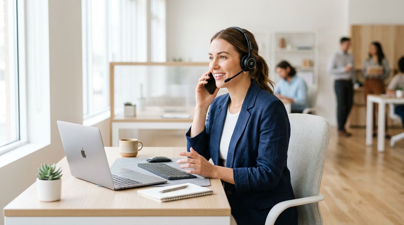 A sales rep on a headset while a dialer runs answering machine detection in the background