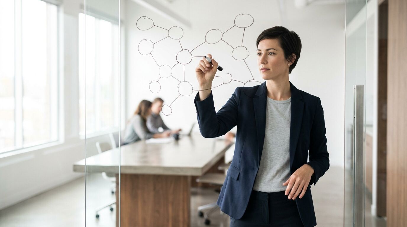A sales rep on a headset reading a list of cold call opening lines at a desk