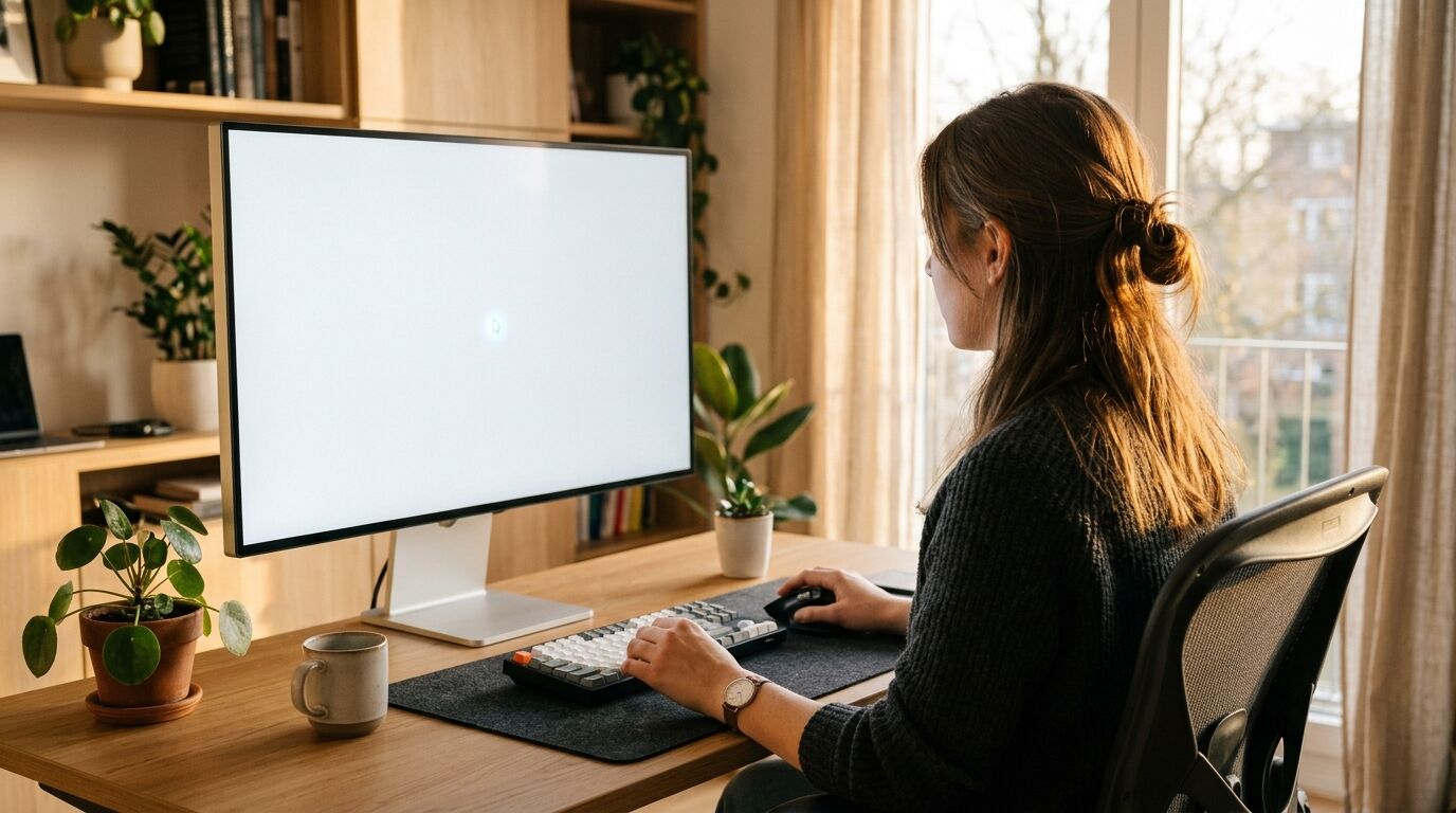 Commercial cleaning company owner reviewing a bid on a tablet in an office lobby, using commercial cleaning sales automation to track follow-up