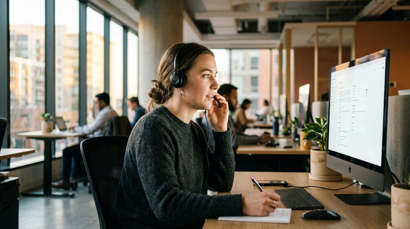 Sales manager reviewing conversation intelligence call scores and a call transcript on a laptop