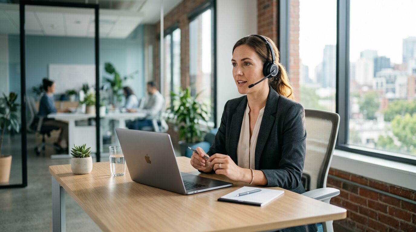 Sales rep in a headset working a call queue, the choice between a power dialer and a predictive dialer
