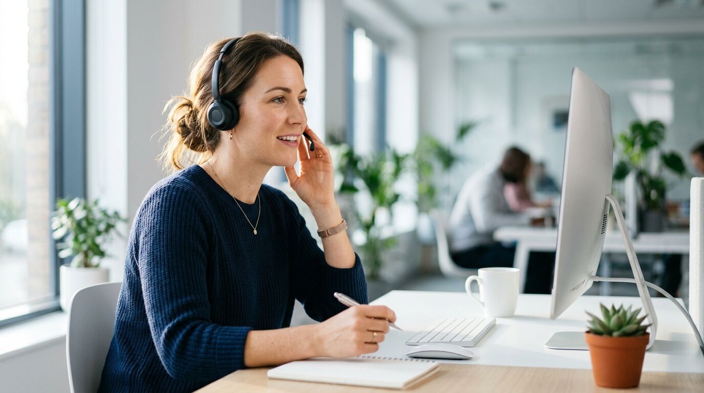 Sales rep at a desk with a predictive dialer screen, setting the dial ratio for lines per rep