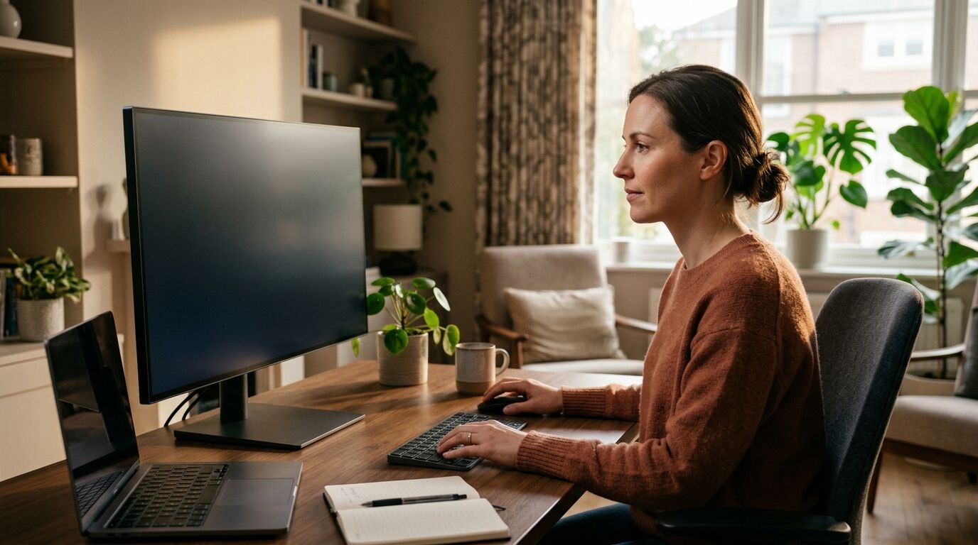 A real estate wholesaler reviewing a homeowner call list on a laptop before real estate wholesaler cold calling