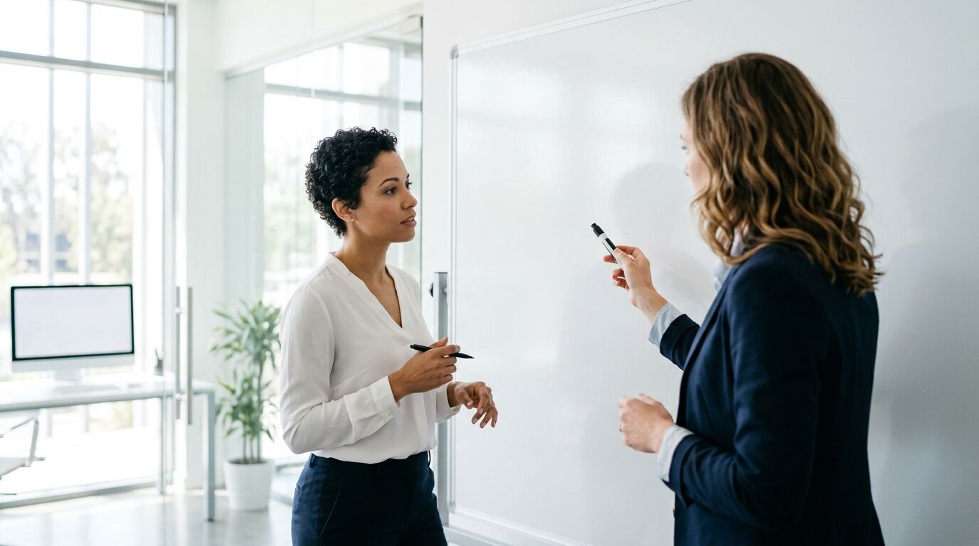 A senior living community counselor greeting an adult daughter and her father in a bright lobby, illustrating senior living sales automation