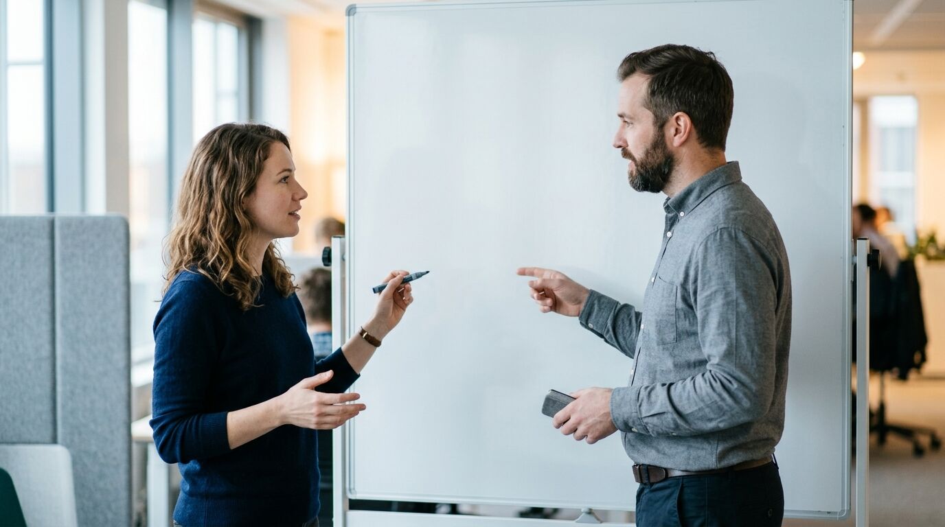 Staffing agency account manager on a call with a hiring manager, using sales automation to track client outreach