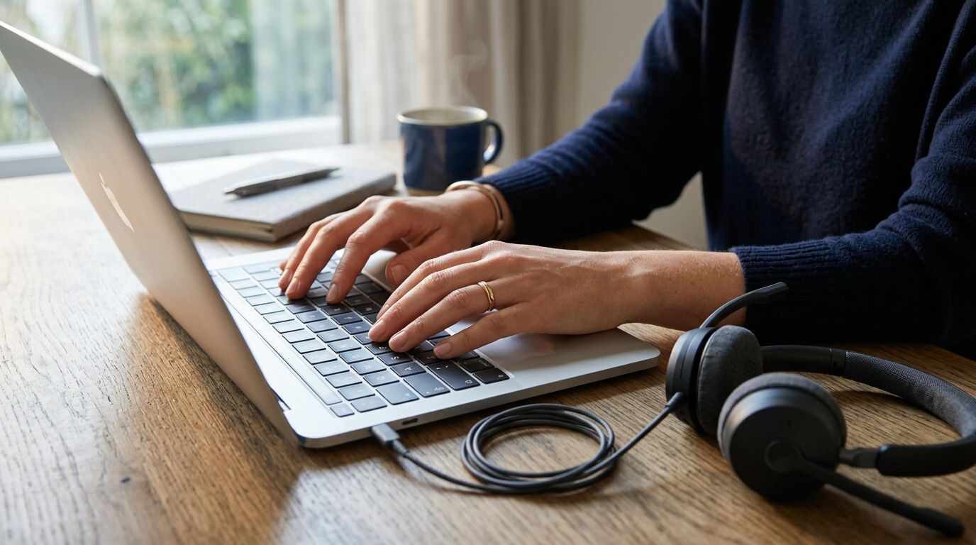 A sales rep on a headset mid-call at a tidy desk